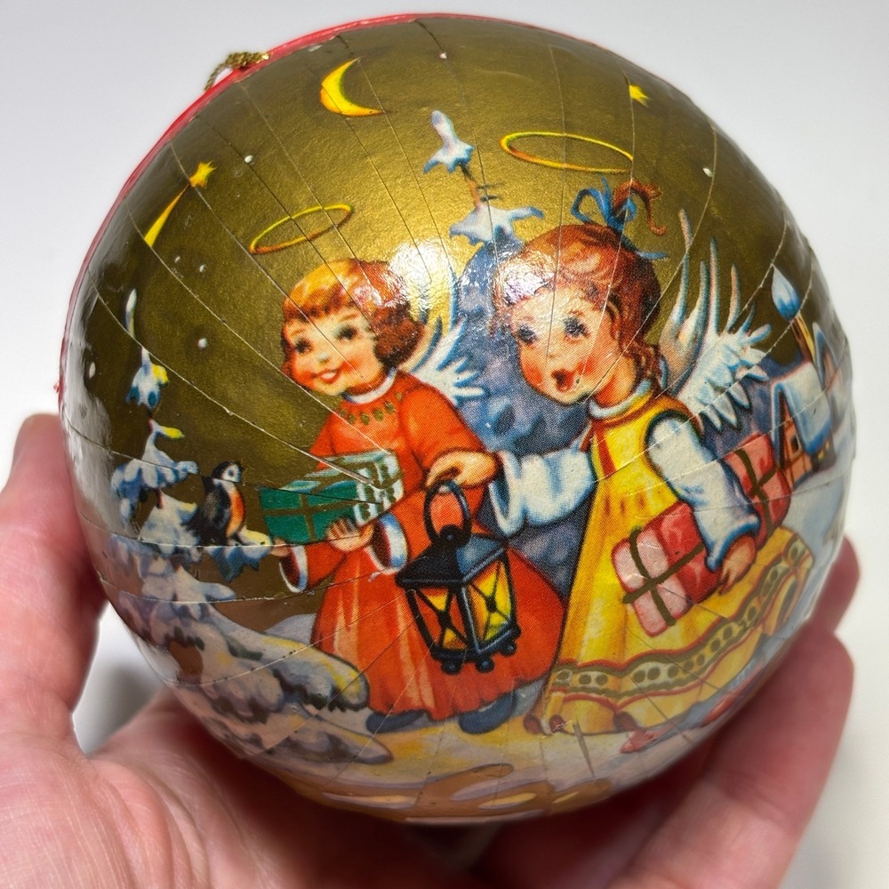 Vintage Western Germany Angel Scene Paper Mache Fillable Christmas Ornament